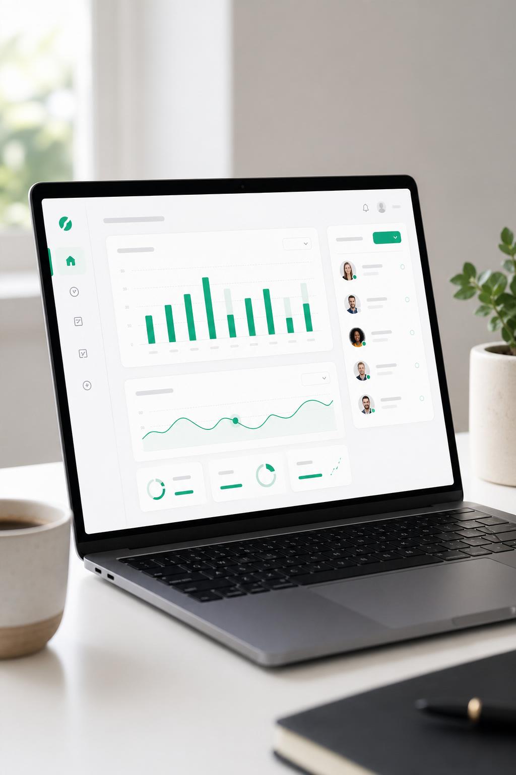 Laptop med molnväxel-dashboard och samtalsstatistik